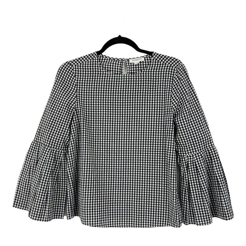 Beach Lunch Lounge Womens Size Small Black White Gingham Bell Sleeve Top